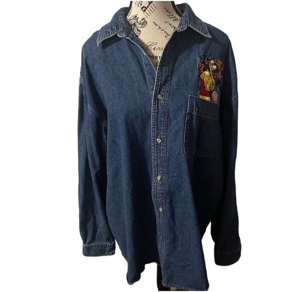 Vintage Disney Winnie The Pooh Button Up Denim Long Sleeve Shirt Pocket Large - Picture 1 of 16
